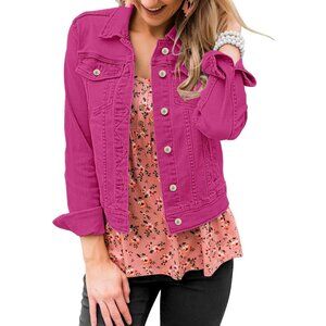 Women's Basic Long Sleeves Button Down Fitted Denim Jean Jacket Very Berry